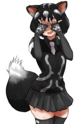 Rule 34 | black hair, black shirt, black skirt, black thighhighs, black vest, blush, collared shirt, commentary, covering face, cowboy shot, elbow gloves, fang, fingerless gloves, gloves, kemono friends, multicolored hair, necktie, open mouth, paw print, pleated skirt, shirt, short hair, shuushuusha, skirt, skunk ears, skunk girl, skunk tail, solo, spotted skunk (kemono friends), symbol-only commentary, thighhighs, two-tone hair, two-tone shirt, vest, white hair, white necktie, white shirt, zettai ryouiki