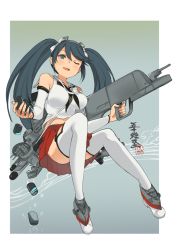 Rule 34 | 10s, 1girl, blue eyes, blue hair, depth charge, detached sleeves, hair ribbon, holding, holding weapon, isuzu (kancolle), isuzu kai ni (kancolle), kantai collection, long hair, machinery, matching hair/eyes, one eye closed, open mouth, pleated skirt, ribbon, simple background, skirt, smile, solo, thighhighs, torpedo, turret, twintails, ume (plumblossom), weapon, white thighhighs