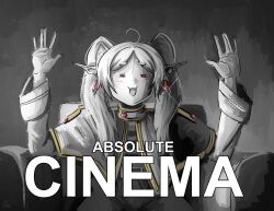 Rule 34 | 1girl, = =, absolute cinema (meme), armchair, capelet, chair, commentary, dangle earrings, earrings, english commentary, english text, frieren, gold trim, greyscale, highres, jewelry, long sleeves, meme, monochrome, ononotsu, parted bangs, pointy ears, sitting, solo, sousou no frieren, spot color, twintails, upper body