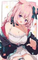 Rule 34 | 1girl, absurdres, animal ears, bare shoulders, bow, breasts, cleavage, collarbone, commission, dress, hair between eyes, hair bow, highres, large breasts, long hair, looking at viewer, open mouth, original, pink hair, purple eyes, shiro9jira, skeb commission, solo, virtual youtuber, white dress