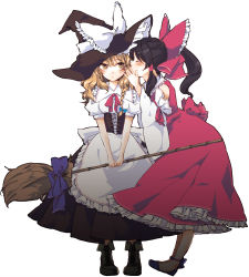 Rule 34 | 2girls, absurdres, black hair, blonde hair, blush, boots, bow, braid, broom, corset, cross-laced footwear, detached sleeves, female focus, hair bow, hakurei reimu, hat, highres, japanese clothes, kirisame marisa, lace-up boots, md5 mismatch, miko, multiple girls, resolution mismatch, short hair, simple background, source smaller, touhou, v arms, whispering, white background, witch, witch hat, yellow eyes, yonu (nyonu), yonu (yonurime)