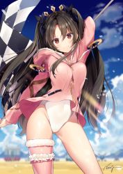 Rule 34 | 1girl, black hair, blue sky, blurry, blush, breasts, cowboy shot, day, depth of field, fate/grand order, fate (series), flag, frilled thighhighs, frills, fur trim, highleg, highleg leotard, hood, hoodie, ishtar (fate), leotard, long hair, long sleeves, looking at viewer, medium breasts, necomi, outdoors, pink thighhighs, red eyes, single thighhigh, sky, smile, solo, standing, thighhighs, tiara, tohsaka rin, two side up, very long hair, white leotard