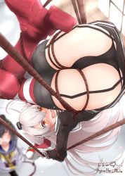 Rule 34 | 2girls, amatsukaze (kancolle), ass, black panties, blush, bound, bound arms, bound legs, brown dress, commentary request, dress, faceless, garter straps, giraffe (ilconte), hair between eyes, hair tubes, hairband, indoors, kantai collection, long hair, long sleeves, multiple girls, open mouth, orange eyes, panties, rope, sailor collar, sailor dress, signature, silver hair, solo focus, thighhighs, tied up, tokitsukaze (kancolle), twintails, two side up, underwear, upside-down, window