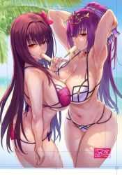 Rule 34 | 2girls, alternate breast size, armpits, arms up, ass, bad anatomy, between breasts, bikini, breast press, breasts, butt crack, cleavage, contrapposto, cover, cover page, cowboy shot, dual persona, duplicate, fate/grand order, fate (series), flower, food, food in mouth, food on body, from side, hair flower, hair ornament, huge breasts, long hair, looking at viewer, midriff, multi-strapped bikini, multiple girls, nail polish, navel, outdoors, pink bikini, pink nails, ponytail, popsicle, popsicle in mouth, purple hair, red eyes, scathach (fate), scathach (fate/grand order), scathach (swimsuit assassin) (fate), scathach skadi (fate), sideboob, sweat, swimsuit, symmetrical docking, thighs, tiara, tongue, tongue out, very long hair, zhen lu