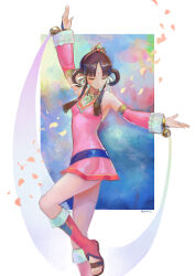 Rule 34 | 1girl, ace attorney, arm up, artist name, bell, black hair, blue sash, blunt bangs, boots, border, bracelet, bridal gauntlets, brown footwear, closed eyes, closed mouth, collared dress, detached sleeves, dress, facial mark, falling petals, foot out of frame, forehead mark, hair ribbon, hair rings, hand up, highres, jewelry, jingle bell, knee boots, leg up, multicolored background, necklace, outside border, parted bangs, petals, pink dress, pink footwear, qosic, rayfa padma khura&#039;in, ribbon, sandals, sash, short dress, sidelocks, sleeveless, sleeveless dress, solo, tiara, toeless footwear, waist sash, white border, white ribbon