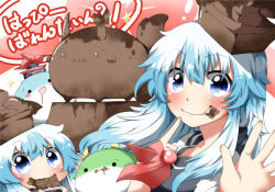 Rule 34 | 2girls, :3, bad id, bad pixiv id, blue eyes, blue hair, blush, chibi, chocolate, chocolate covered, chocolate on face, drooling, eating, female focus, finger to mouth, food, food on face, happy valentine, hat, horn ornament, horn ribbon, horns, kamishirasawa keine, licking lips, looking at viewer, multiple girls, neckerchief, rebecca (keinelove), ribbon, smile, solid circle eyes, sukusuku hakutaku, tongue, tongue out, touhou, valentine