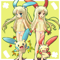 Rule 34 | 00s, 2girls, animal ears, blonde hair, blue eyes, camisole, clapping, creatures (company), game freak, gen 3 pokemon, gloves, holding hands, long hair, lowres, minun, moemon, multiple girls, nintendo, no pants, panties, personification, plusle, pokemon, pokemon (creature), pokemon rse, pokemon tail, red eyes, siblings, sisters, striped clothes, striped panties, tail, tenjou ryuka, twins, underwear