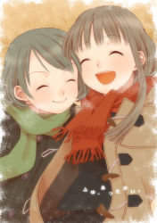 Rule 34 | 2girls, :d, ^ ^, blush, brown hair, closed eyes, green scarf, jacket, long hair, multiple girls, open clothes, open jacket, open mouth, original, red scarf, sato miiko, scarf, short hair, smile