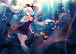Rule 34 | 1girl, air bubble, arm at side, black dress, blurry, bubble, closed mouth, clownfish, collarbone, criin (659503), depth of field, dress, fish, floating, floating hair, frills, hair ornament, holding strap, jellyfish, long hair, looking at viewer, ocean, original, shinkai shoujo (vocaloid), sleeveless, sleeveless dress, smile, solo, sunlight, transparent, twintails, underwater, very long hair, vocaloid, white hair, yellow eyes