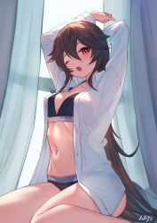 Rule 34 | 1girl, ;o, arms behind head, arms up, arpeggio kaga, bad id, bad twitter id, black bra, black hair, black panties, bra, breasts, commission, curtains, highres, long hair, long sleeves, looking at viewer, medium breasts, navel, no pants, one eye closed, open clothes, open mouth, open shirt, original, panties, red eyes, shirt, sitting, skeb commission, solo, stomach, stretching, thighs, underwear, very long hair, white shirt