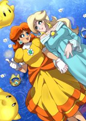 Rule 34 | 2girls, 2others, absurdres, aqua dress, bare shoulders, blonde hair, blue eyes, blush, breasts, brooch, brown hair, crown, dress, earrings, facing another, flower, flower earrings, from above, gloves, highres, holding hands, jewelry, large breasts, legs, long sleeves, loveycloud, luma (mario), lying, mario (series), medium breasts, multiple girls, multiple others, nintendo, on back, open mouth, pink nails, pointing, pointing up, princess daisy, reflection, reflective floor, reflective water, rosalina, sky, smile, star (sky), star (symbol), star brooch, star earrings, starry sky, water, yuri