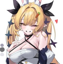 Rule 34 | 1girl, animal ears, black choker, black ribbon, blonde hair, breasts, choker, cleavage, commentary, criss-cross halter, detached sleeves, fake animal ears, grin, hair intakes, hair ribbon, halterneck, hand on own hip, long hair, looking at viewer, medium breasts, one eye closed, original, pointy ears, puffy sleeves, rabbit ears, ribbon, rima (0136), smile, solo, symbol-only commentary, twintails, upper body, wrist cuffs, yellow eyes