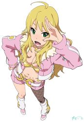 Rule 34 | 1girl, :d, asymmetrical clothes, belt, blonde hair, blush, breasts, cleavage, cool &amp; sexy (idolmaster), cropped jacket, fishnet pantyhose, fishnets, foreshortening, from above, green eyes, hand on own hip, hip focus, hoshii miki, idolmaster, idolmaster (classic), long hair, looking at viewer, midriff, navel, open mouth, pantyhose, perspective, salute, short shorts, shorts, simple background, single leg pantyhose, smile, solo, suna (sandworks), white background