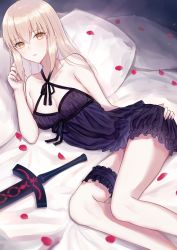 Rule 34 | 1girl, artoria pendragon (all), artoria pendragon (fate), bare shoulders, bed sheet, black dress, blonde hair, blush, breasts, bridal garter, collarbone, dress, excalibur morgan (fate), fate/stay night, fate (series), highres, long hair, looking at viewer, lying, meltymaple, on side, pale skin, parted lips, petals, pillow, saber alter, short dress, small breasts, solo, sword, thighs, weapon, yellow eyes