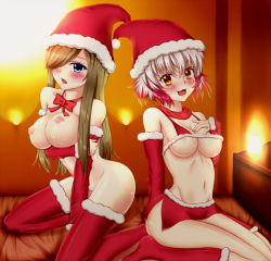 Rule 34 | 00s, 2girls, bare shoulders, blue eyes, blush, boots, breasts, brown hair, christmas, detached sleeves, midriff, multicolored hair, multiple girls, navel, nipples, open mouth, pascal (tales), pascal (tales), santa costume, skirt, tales of (series), tales of graces, tales of the abyss, tear grants, thighhighs, underboob, yellow eyes