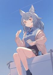 Rule 34 | 1girl, animal ear fluff, animal ears, black skirt, blue bow, blue bowtie, blue shirt, bow, bowtie, breasts, cardigan, carton, cat ears, cat girl, cat tail, cellphone, eating, food, food on face, grey hair, highres, long sleeves, looking at viewer, medium breasts, medium hair, miniskirt, mole, mole under eye, off shoulder, open cardigan, open clothes, orange eyes, original, peroncho, phone, pleated skirt, sandwich, shirt, sitting, skirt, smartphone, tail