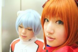 Rule 34 | 2girls, asian, ayanami rei, ayanami rei (cosplay), blue eyes, blue hair, blurry, blurry background, color contacts, cosplay, depth of field, hairpods, indoors, long hair, looking at viewer, looking back, makeup, mascara, multiple girls, namada, neon genesis evangelion, orange hair, parted lips, photo (medium), plugsuit, plugsuit (cosplay), saya (cosplayer), short hair, solo focus, souryuu asuka langley, souryuu asuka langley (cosplay), standing