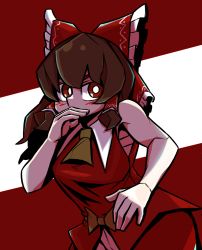 Rule 34 | 1girl, ascot, blush, bow, breasts, bright pupils, brown eyes, brown hair, collared shirt, commentary request, cookie (touhou), covering own mouth, cowboy shot, frilled bow, frilled hair tubes, frills, hair bow, hair tubes, hakurei reimu, hand over own mouth, highres, jijii (nicoseiga91467756), kanna (cookie), long hair, medium breasts, parody, red background, red bow, red shirt, sarashi, scotch (cookie) (style), shirt, sidelocks, sleeveless, sleeveless shirt, solo, style parody, touhou, two-tone background, white background, white pupils, yellow ascot