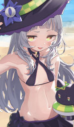 Rule 34 | 1girl, beach, breasts, cat, choker, criss-cross halter, day, female focus, grey hair, halterneck, hat, highres, hololive, innertube, jitome, looking at viewer, murasaki shion, namaonpa, navel, open mouth, outdoors, shiokko (murasaki shion), small breasts, solo, stomach, swim ring, virtual youtuber, water, witch hat, yellow eyes