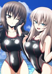 Rule 34 | 2girls, black one-piece swimsuit, black towel, blue eyes, blue sky, breasts, brown eyes, brown hair, cloud, cloudy sky, competition swimsuit, covered navel, day, drying, girls und panzer, half-closed eyes, highres, holding, holding towel, insignia, itsumi erika, kamishima kanon, large breasts, looking at viewer, medium hair, multiple girls, nishizumi maho, ocean, one-piece swimsuit, one eye closed, open mouth, outdoors, parted lips, shiny clothes, short hair, silver hair, sky, smirk, standing, swimsuit, towel