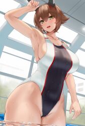 Rule 34 | 1girl, :d, alternate costume, arm up, armpits, black one-piece swimsuit, breasts, brown hair, collarbone, commentary request, commission, competition swimsuit, green eyes, hair between eyes, headgear, highleg, highleg swimsuit, highres, indoors, kantai collection, kusaka souji, large breasts, looking at viewer, mutsu (kancolle), one-piece swimsuit, open mouth, partially submerged, pool, short hair, sideboob, skeb commission, smile, solo, swimsuit, teeth, two-tone swimsuit, upper teeth only, wet, white one-piece swimsuit