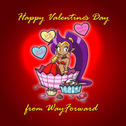 Rule 34 | 1girl, bandeau, bare shoulders, blue eyes, bracelet, breasts, candy, candy heart, company name, cream, cupcake, dark-skinned female, dark skin, earrings, english text, eyelashes, food, full body, happy valentine, heart, jewelry, long hair, looking at viewer, lots of jewelry, muffin, navel, official art, pointy ears, ponytail, promotional art, purple hair, red background, shantae, shantae: half-genie hero, shantae (series), simple background, sitting, smile, solo, valentine, wayforward
