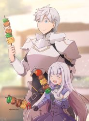 Rule 34 | 1boy, 1girl, armor, black gloves, blue dress, blue eyes, closed eyes, dress, melusine (fate), melusine (second ascension) (fate), fate/grand order, fate (series), food, gloves, happy, height difference, long hair, meat, minafuni, open mouth, percival (fate), skewer, smile, twitter username, white hair