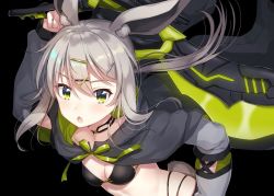 Rule 34 | 1girl, animal ear fluff, animal ears, black background, black bra, black panties, bra, breasts, rabbit ears, rabbit tail, commentary request, copyright request, detached sleeves, fang, green eyes, grey hair, hair ornament, hairclip, hand up, holding, holding weapon, huge weapon, ichiren namiro, long hair, long sleeves, looking at viewer, multi-strapped panties, panties, parted lips, rabbit girl, simple background, small breasts, solo, tail, underwear, weapon, x hair ornament