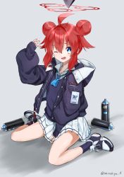 Rule 34 | 1girl, absurdres, ahoge, arm up, black legwear, blue archive, blue eyes, blue necktie, blue sweater vest, collared shirt, double bun, full body, hair bun, halo, highres, hood, hood down, hooded jacket, jacket, looking at viewer, maki (blue archive), necktie, on floor, one eye closed, open clothes, open jacket, open mouth, pleated skirt, puffy sleeves, red hair, shinshiyasan x, shirt, shoes, sidelocks, simple background, skirt, sleeves past wrists, smile, sneakers, solo, spray can, sweater vest, white footwear, white shirt, white skirt