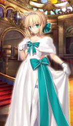 Rule 34 | 1girl, ahoge, artoria pendragon (all), artoria pendragon (fate), bare shoulders, blonde hair, bow, braid, breasts, choker, cleavage, closed mouth, clothes lift, collarbone, cowboy shot, craft essence (fate), dress, dress lift, fate/grand order, fate (series), french braid, gloves, green bow, green eyes, hair bow, heroic spirit formal dress, indoors, lifting own clothes, looking at viewer, official alternate costume, official art, saber (fate), saber (formal dress) (fate), short hair, side slit, smile, solo, stairs, standing, takeuchi takashi, thighhighs, tiara, waist bow, white dress, white gloves, white neckwear, white thighhighs