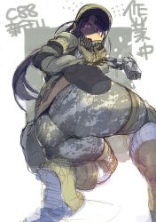 Rule 34 | 1girl, ass, bad id, bad twitter id, battlefield (series), battlefield 4, black hair, boots, camouflage, combat boots, digital camouflage, gun, handgun, hat, highres, holding, holding gun, holding weapon, holster, long hair, looking at viewer, military, military uniform, namaniku atk, open mouth, pantylines, purple eyes, revolver, simple background, solo, teeth, uniform, weapon