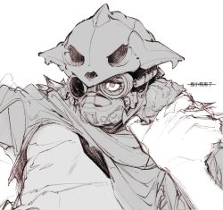 Rule 34 | 1other, ambiguous gender, animification, apex legends, bloodhound (apex legends), chinese commentary, chinese text, clothes lift, goggles, greyscale, hand on another&#039;s shoulder, helmet, highres, looking ahead, monochrome, official alternate costume, one eye covered, pov, rebreather, scar, scar on chest, shirt lift, solo focus, upper body, white background, ymm (ge2yytz3bf1ssos), young blood bloodhound