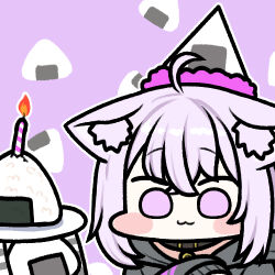 Rule 34 | 1girl, 1other, :3, ahoge, animal ears, birthday, black jacket, blush stickers, candle, cat ears, chibi, commentary request, food, food-themed background, food-themed hat, hat, hololive, jacket, jazz jack, lowres, nekomata okayu, nekomata okayu (1st costume), onigiri, onigirya (nekomata okayu), party hat, pink background, pink eyes, pink hair, short hair, simple background, solid circle eyes, solo, virtual youtuber