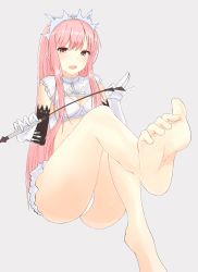 Rule 34 | 1girl, :d, ass, barefoot, breasts, cleavage, crown, fate/grand order, fate (series), feet, foot focus, foreshortening, gloves, highres, holding, holding riding crop, kesoshirou, long hair, looking at viewer, medb (fate), open mouth, pink eyes, pink hair, riding crop, skirt, small breasts, smile, soles, solo, toes, whip, white gloves