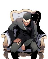 Rule 34 | 1boy, black hair, black jacket, black pants, chair, closed mouth, creatures (company), game freak, giovanni (pokemon), hand on lap, jacket, leaning forward, long sleeves, looking at viewer, male focus, nintendo, pants, pokemon, pokemon frlg, short hair, simple background, sitting, solo, team rocket, very short hair, white background, y (036 yng)
