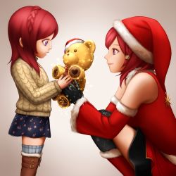 Rule 34 | 10s, 2girls, aged down, bon nob, child, christmas, detached sleeves, dual persona, gradient background, hat, looking at another, love live!, love live! school idol festival, love live! school idol project, multiple girls, nishikino maki, purple eyes, red hair, santa costume, santa hat, short hair, skirt, smile, stuffed animal, stuffed toy, teddy bear, time paradox