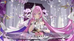 Rule 34 | 1girl, bare shoulders, cake, closed mouth, dress, elf, elysia (herrscher of human:ego) (honkai impact), elysia (honkai impact), flower, food, fork, gloves, hair ornament, hand on own cheek, hand on own face, highres, holding, holding spoon, honkai (series), honkai impact 3rd, knife, long hair, looking at viewer, official art, pink eyes, pink flower, pink hair, pointy ears, smile, solo, spoon, table, white dress, white gloves