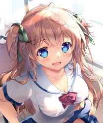 Rule 34 | 1girl, blue skirt, blush, bra, bra visible through clothes, breasts, brown hair, classroom, cleavage, clothes lift, collarbone, commentary, curtains, hair ornament, hair ribbon, light rays, long hair, medium breasts, mikeou, open mouth, original, ribbon, sailor collar, school uniform, serafuku, shirt, short sleeves, sitting, skirt, skirt lift, smile, solo, striped bra, striped clothes, sunbeam, sunlight, teeth, underwear, upper teeth only, wet, wet clothes, wet shirt, white sailor collar, white shirt, window, x hair ornament