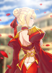 Rule 34 | 10s, 1girl, absurdres, ahoge, blonde hair, blurry, blurry background, braid, braided bun, breasts, butt crack, c.rabbit, fate/extra, fate (series), from behind, green eyes, hair bun, hair ribbon, highres, looking at viewer, looking back, medium breasts, nero claudius (fate), nero claudius (fate) (all), nero claudius (fate/extra), petals, red ribbon, ribbon, shiny skin, shrug (clothing), sideboob, smile, solo, standing