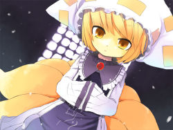 Rule 34 | 1girl, adapted costume, black background, blonde hair, female focus, fox tail, fuyuno mikan, hands in opposite sleeves, hat, multiple tails, short hair, solo, standing, tail, touhou, yakumo ran, yellow eyes