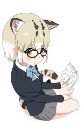 Rule 34 | 1girl, alternate costume, animal ear fluff, animal ears, bad id, bad twitter id, bare legs, blazer, blonde hair, blue bow, blue bowtie, blue jacket, blush, book, bow, bowtie, brown hair, cat ears, cat tail, collared shirt, commentary request, extra ears, from above, glasses, green eyes, grey skirt, ilyfon133, jacket, kemono friends, long sleeves, looking at viewer, margay (kemono friends), margay print, multicolored hair, pleated skirt, school uniform, shirt, short hair, sitting, skirt, solo, tail, white hair, white shirt