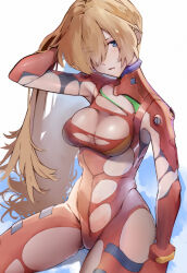 1girl arm_behind_head blue_eyes bodysuit breasts commentary evangelion:_3.0+1.0_thrice_upon_a_time eyes_visible_through_hair hair_over_one_eye highres large_breasts legs long_hair mecha_pilot_suit neon_genesis_evangelion open_mouth orange_hair plugsuit rebuild_of_evangelion red_bodysuit simple_background sitting solo souryuu_asuka_langley thighs torn_bodysuit torn_clothes yagisawa_teru