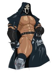 Rule 34 | 1boy, abs, bara, bulge, crotch, gloves, groping, highres, male focus, mask, muscular, nipples, overwatch, overwatch 1, pectorals, reaper (overwatch), solo, undressing