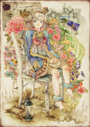 Rule 34 | 1girl, bad id, bad pixiv id, bird, blue eyes, bob cut, chair, feathers, flower, gensou suikoden, gensou suikoden tierkreis, grey hair, hair ornament, hairband, highres, lamp, leaf, letter, manaril (suikoden), paper, pen, photo (object), pink flower, pink rose, rose, short hair, sitting, solo, writing, yogisya