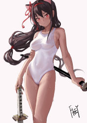 Rule 34 | 1girl, animal ears, artist name, breasts, brown hair, cat ears, covered navel, dark-skinned female, dark skin, dual wielding, fkey, grey background, hair between eyes, hair ribbon, hairband, highres, holding, holding sword, holding weapon, katana, long hair, low-tied long hair, medium breasts, one-piece swimsuit, original, red eyes, ribbon, scabbard, sheath, sheathed, simple background, single sidelock, solo, standing, swimsuit, sword, thighs, very long hair, weapon, wet, white one-piece swimsuit