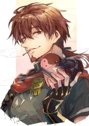 Rule 34 | 1boy, beard stubble, box, brown hair, cape, facial hair, fate/grand order, fate (series), fingerless gloves, fingernails, gift, gloves, goatee, grey eyes, hair ribbon, heart-shaped box, hector (fate), highres, holding, holding gift, long hair, male focus, mouth hold, ponytail, red cape, ribbon, short sleeves, smoke, smoking, solo, stubble, tumikilondon5, upper body, white background