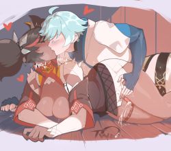 Rule 34 | 1boy, 1girl, black hair, blue hair, braid, breasts, chinese clothes, chongyun (genshin impact), cleavage, closed eyes, cum, dark-skinned female, dark skin, fingerless gloves, genshin impact, gloves, hair ornament, heavy breathing, highres, holding, kiss, multicolored hair, nyantcha, penis, red hair, smile, spikes, streaked hair, thigh sex, thighs, twintails, wooden floor, xinyan (genshin impact), yellow eyes