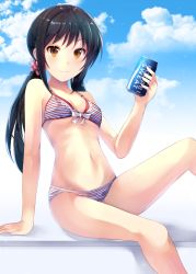 Rule 34 | 1girl, bikini, black hair, blue sky, brown eyes, can, cloud, day, drink can, feet out of frame, highres, idolmaster, idolmaster cinderella girls, idolmaster cinderella girls starlight stage, long hair, looking at viewer, low twintails, nakano yuka, pocari sweat, sitting, sky, smile, soda can, solo, striped bikini, striped clothes, swimsuit, twintails, z.nov