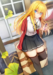 Rule 34 | 1girl, ahoge, arm behind back, arm support, bag, black ribbon, black skirt, black thighhighs, blonde hair, blue eyes, breasts, buttons, chikuwabuta, collared shirt, day, earphones, eyes visible through hair, hair between eyes, head tilt, highres, jacket, large breasts, leaning on object, long hair, media player interface, neck ribbon, open clothes, open jacket, original, outdoors, pleated skirt, pursed lips, red jacket, ribbon, scenery, shirt, sidelocks, skirt, standing, standing on one leg, suitcase, thighhighs, thighs, white shirt