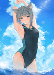 Rule 34 | 1girl, absurdres, animal ear fluff, animal ears, armpits, arms up, black hair, blue archive, blue eyes, blue halo, blue one-piece swimsuit, blue sky, closed mouth, cloud, cloudy sky, commentary, competition swimsuit, covered navel, cowboy shot, cross hair ornament, cumulonimbus cloud, earrings, grey hair, hair ornament, halo, highleg, highleg swimsuit, highres, jewelry, lens flare, looking at viewer, ocean, official alternate costume, one-piece swimsuit, outdoors, ponytail, presenting armpit, randouworks, shiroko (blue archive), shiroko (swimsuit) (blue archive), sky, solo, standing, stud earrings, swimsuit, wolf ears